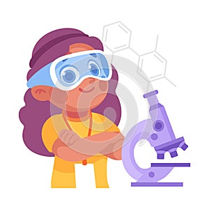 Cute Girl at Laboratory with Microscope Conduct Experiment Vector Illustration