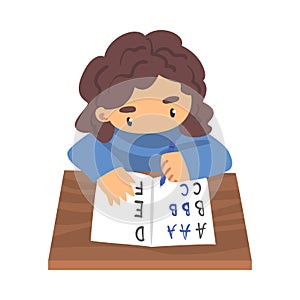 Cute Girl Learning to Write, Elementary School Student Sitting at his Desk and Writing Cartoon Vector Illustration