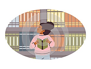 Cute girl in library or bookstore, vector cartoon child choosing books on bookshelf, education and reading in oval frame