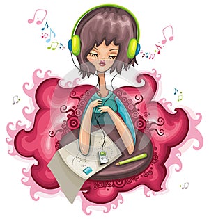 Cute girl is listening music.