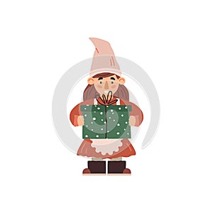 Cute girl little gnome holding huge gift box, flat vector illustration isolated.