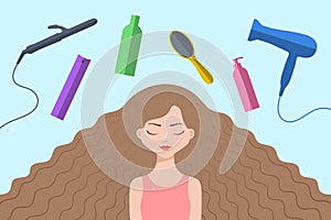 Cute girl with long hair and different haircare accessories