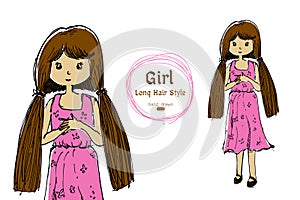 Cute girl long hair hand drawn style