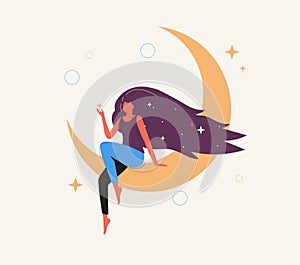 Cute girl with long hair sitting on moon. Happy woman dreaming in night sky and stars. Wellbeing, self and body care.