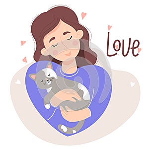 Cute girl love with sleeping cat. Vector illustration. Concept of love for pets. Beautiful female character in flat