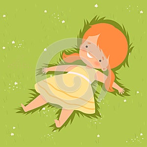 Cute Girl Lying Down on Green Lawn, Lovely Kid Lying on Grass Dreamily Looking into Sky Cartoon Vector Illustration