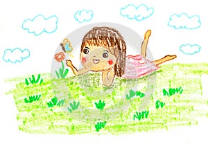 Cute girl lying on green grass , oil pastel drawing illustration