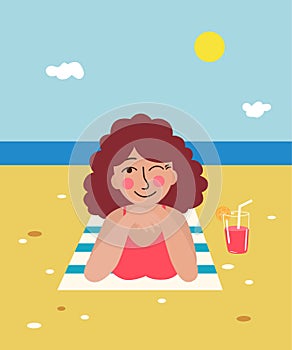 Cute girl lying on the towel beach and sunbathing vector illustration
