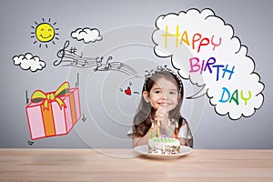Cute girl make a wish on birthday. Happy Birthday background.