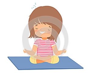 Cute Girl Meditating in Lotus Position, Adorable Kid Practicing Yoga, Active Healthy Lifestyle Vector Illustration