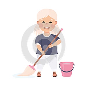 Cute Girl Mopping the Floor with Mop, Kid Helping her Parents with Housework or Doing Household Chores Cartoon Style