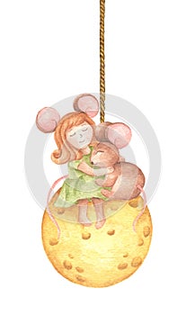 Cute girl mouse hug a little mouse sitting on the cheese moon hang from string painted in watercolor