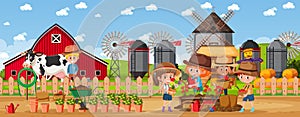 Cute girl in nature farm horizontal landscape scene at sunset time