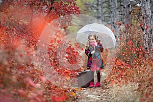 Cute girl with an old suitcase and an umbrella in her hand on a footpath in the autumn forest