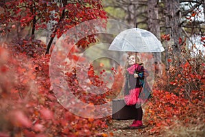 Cute girl with an old suitcase and an umbrella in her hand on a footpath in the autumn forest