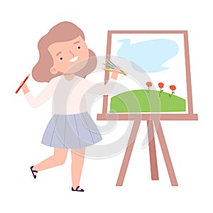 Cute Girl Painting Natural Landscape on Canvas, Little Artist Character Drawing on Easel with Paints Cartoon Style