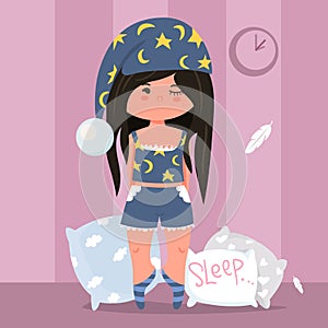 Cute girl at a pajama with pillows. Vector flat style isolated cartoon illustration.