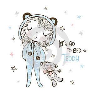 Cute girl in pajamas in the form of bears going to sleep with a toy Teddy bear. Vector