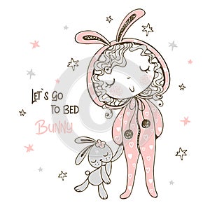 Cute girl in pajamas in the form of a Bunny is going to sleep with a toy. It`s time to sleep. Vector