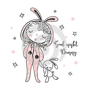 Cute girl in pajamas in the form of a Bunny is going to sleep with a toy. It`s time to sleep. Vector