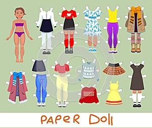 Cute girl Paper Doll with Set of Clothes and Shoes