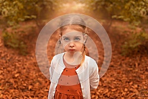 Cute girl with pigtails among the leaves in the forest