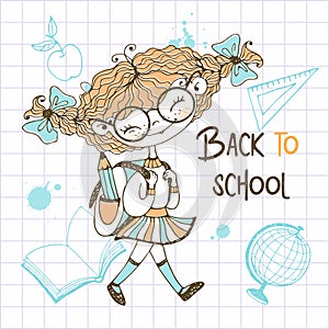 Cute girl with pigtails with a school backpack goes to school. Back to school. Vector