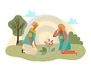 Cute girl planting flowers flat vector illustration of ecology and environmental protection. Childrens on summer nature.