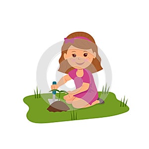 Cute girl planting flowers. Illustration of Ecology and Environmental Protection