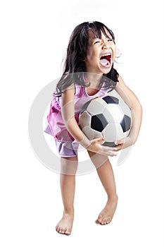 Cute girl play soccer ball isolated