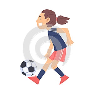 Cute Girl Playing Soccer, Kid Doing Sports, Healthy Lifestyle Concept Cartoon Style Vector Illustration