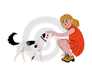 Cute Girl Playing and Stroking her Dog Vector Illustration