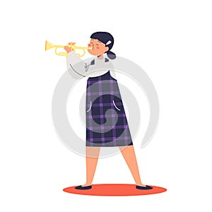Cute girl playing trumpet. Small kid play classical music on wind instrument. Children orchestra