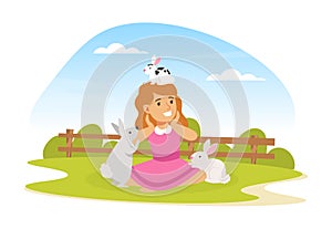Cute Girl Playing with White Rabbits on Farm Yard, Kid Interacting with Animal in Petting Zoo Cartoon Vector