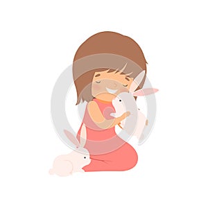 Cute Girl Playing with White Rabbits, Kid Interacting with Animal in Contact Zoo Cartoon Vector Illustration
