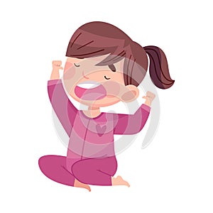 Cute Girl with Ponytail in Pajamas Stretching and Yawning Feeling Sleepy Vector Illustration