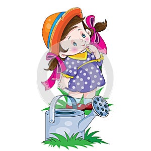 cute girl with ponytails and a hat, looks up with interest, next to her stands a watering can with water, isolated object on a