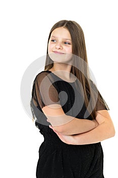 Cute girl posing in black jumpsuit. Photo session in the studio