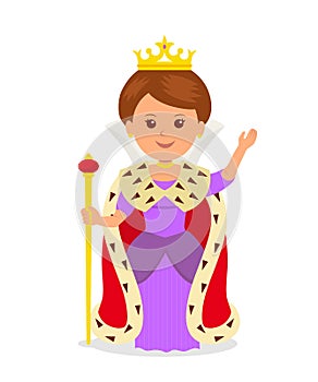 Cute girl Queen. female character in a princess costume with a crown and scepter on a white background