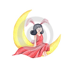 Cute girl rabbit sitting on the crescent moon. Watercolor illustration