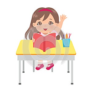 Cute girl raising her hand in class to answer a question. Smart kid clip art.