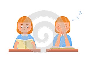 Cute girl read and sleep with book in class. Sleeping child at the study table