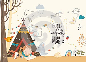 Cute Girl reading Book with Animals in a Teepee Tent in Autumn Park