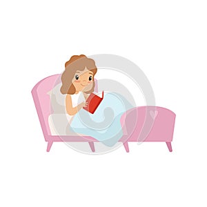 Cute Girl Reading Book in Bed Vector Illustration