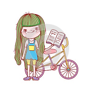 Cute girl reading book with bicycle isolated design