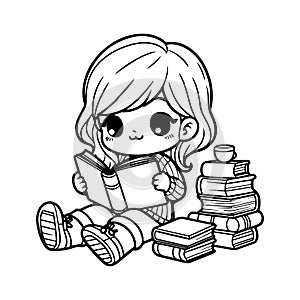 A Cute Girl Reading Book Coloring Page Line Art Vector