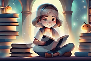 Cute girl reading book doodle cartoon character Generative AI