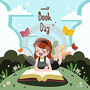 A cute girl reading a book and enjoy studying outside lying on the lawn in clear sky day. World book day concept cartoon flat