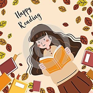 A cute girl reading a book and enjoy studying outside lying on the lawn in clear sky day. World book day concept cartoon flat