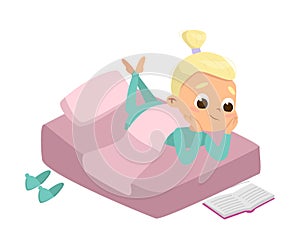 Cute Girl Reading Book in her Bed Before Bedtime Cartoon Style Vector Illustration